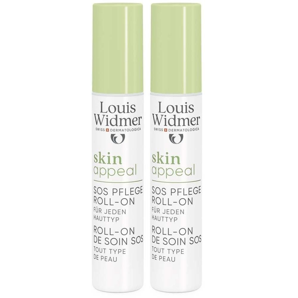 Zwei Roll-on-Flaschen mit grünen Kappen. Aufschrift: Louis Widmer, skin appeal, SOS Pflege Roll-on, für jeden Hauttyp.