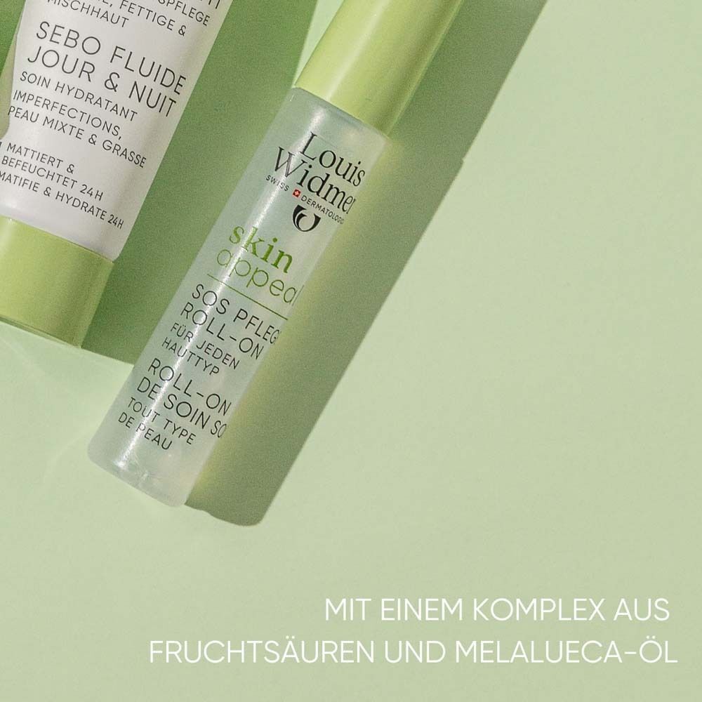 Roll-on-Flasche mit grüner Kappe. Aufschrift: Louis Widmer, skin appeal, SOS Pflege Roll-on, für jeden Hauttyp. Text: Mit einem Komplex aus Fruchtsäuren und Melaleuca-Öl.