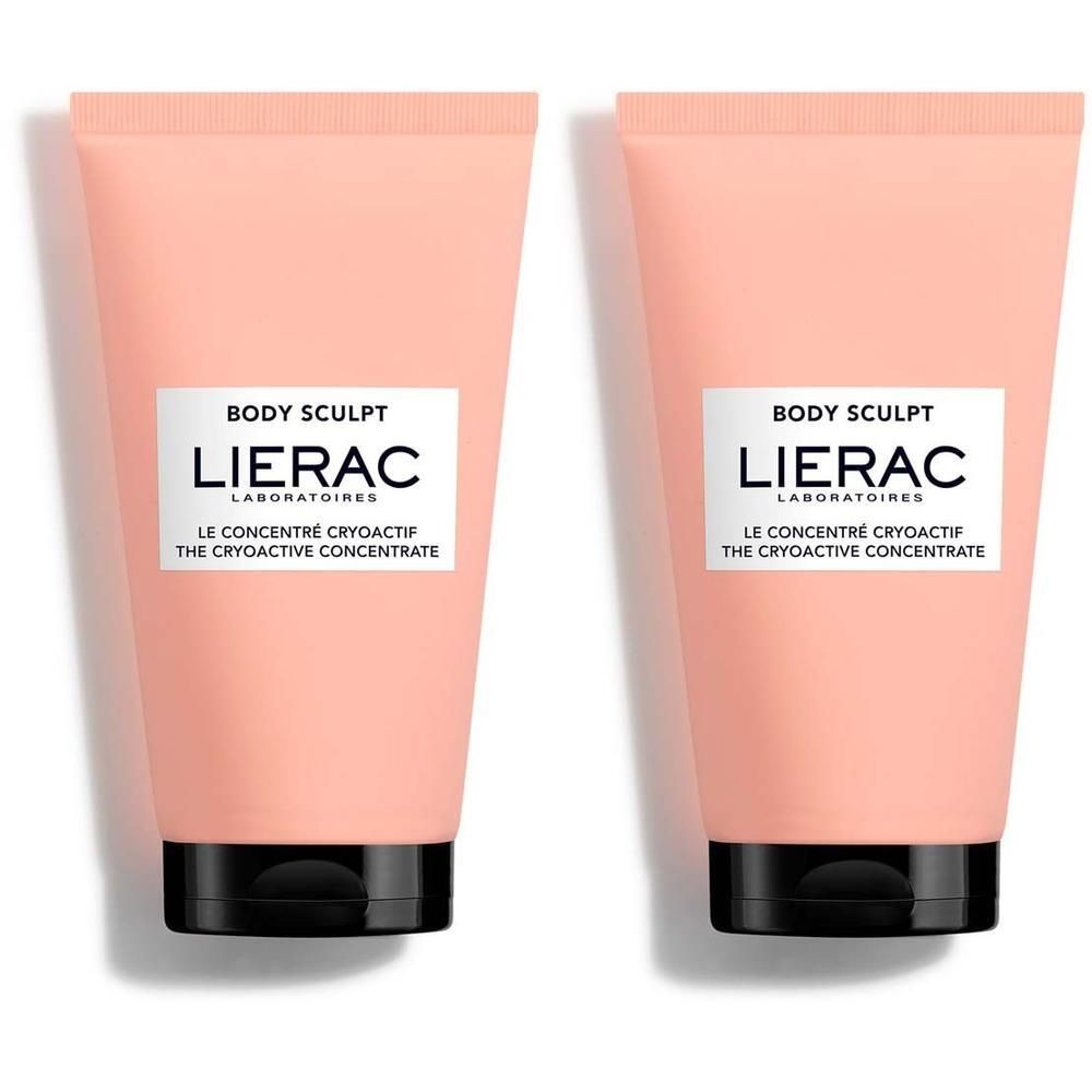 Zwei Tuben LIERAC Body Sculpt Kryoaktives Konzentrat. Rosa Tuben mit schwarzem Verschluss und weißem Etikett mit Logo und Produktnamen.