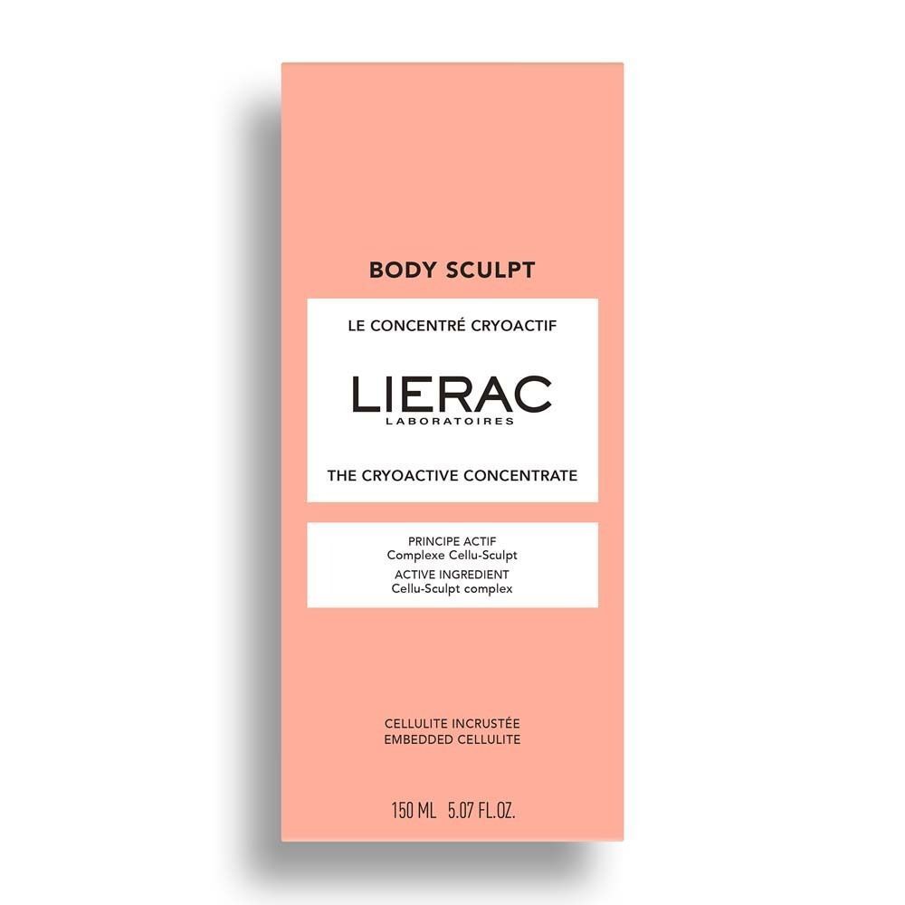 Verpackung von LIERAC Body Sculpt Kryoaktives Konzentrat. Rosa Karton mit weißem Etikett, Logo und Produktinformationen.