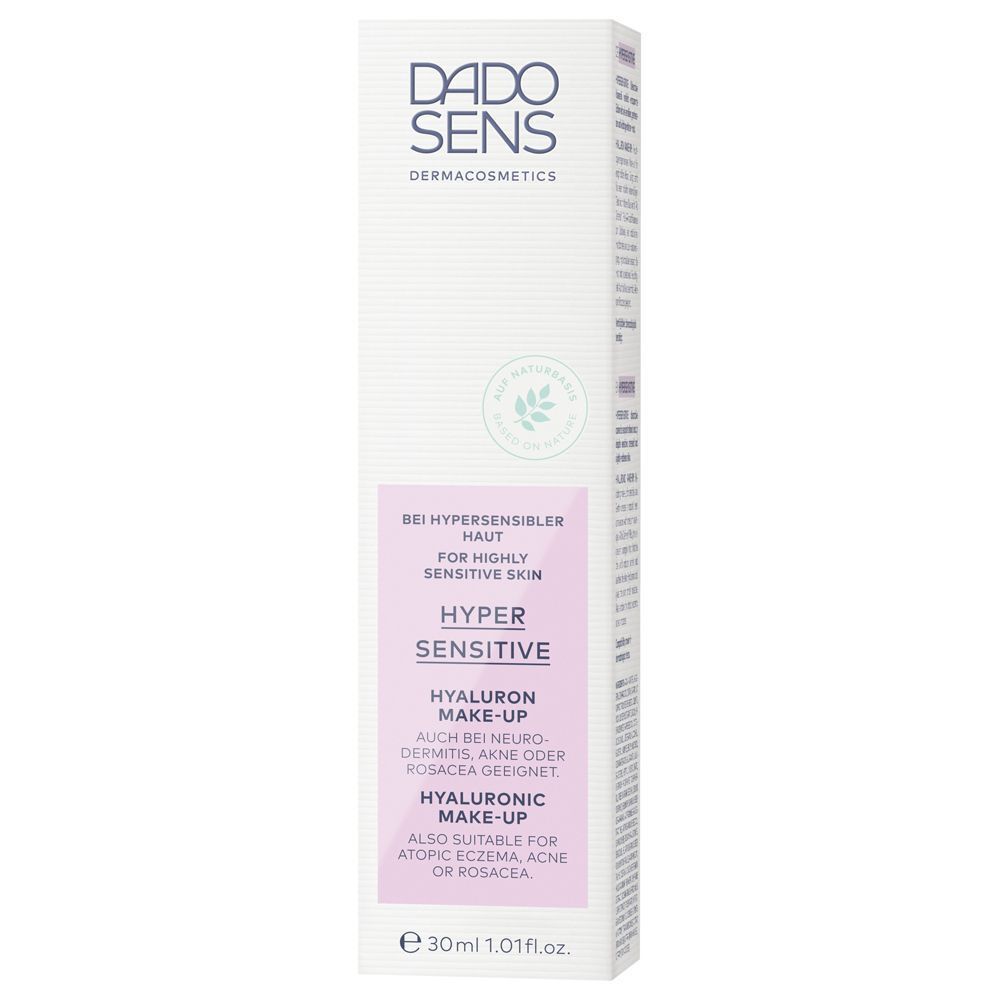 Kartonverpackung. Aufschrift: DADO SENS HYPER SENSITIVE HYALURON MAKE-UP. Geeignet für empfindliche Haut.