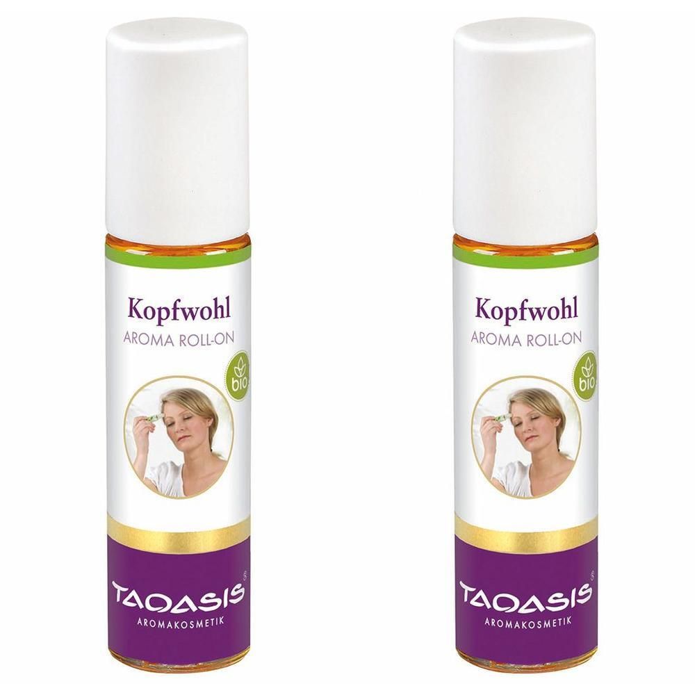 Zwei Roll-ons mit weißem Deckel, grünem Ring und lila-weißem Etikett. Aufschrift: Kopfwohl Aroma Roll-on, Bio-Siegel, TAOASIS Aromakosmetik.