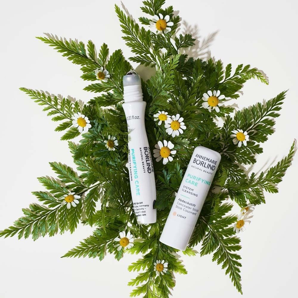 Annemarie Börlind Purifying Care Augenroller und Stick. Weiße Behälter mit grüner und silberner Beschriftung, umgeben von Farn und Gänseblümchen.
