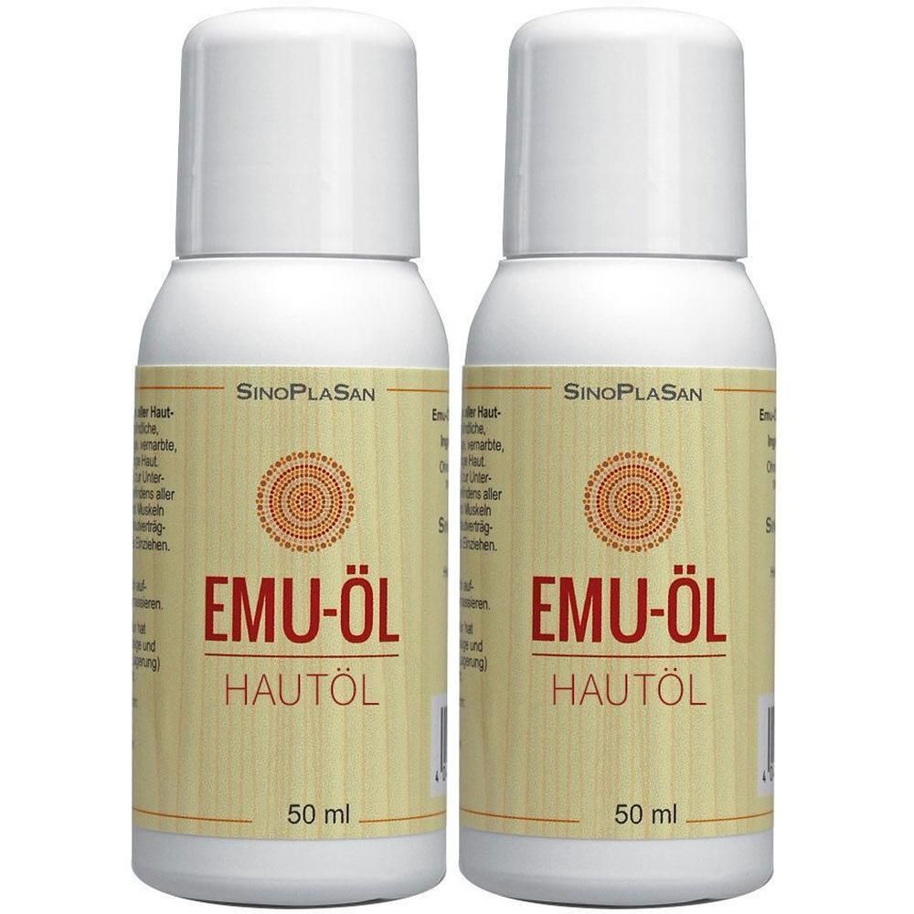 Zwei weiße Flaschen mit Schraubverschluss. Etikett mit Produktnamen und Logo. Aufschrift: Emu-Öl Hautöl.