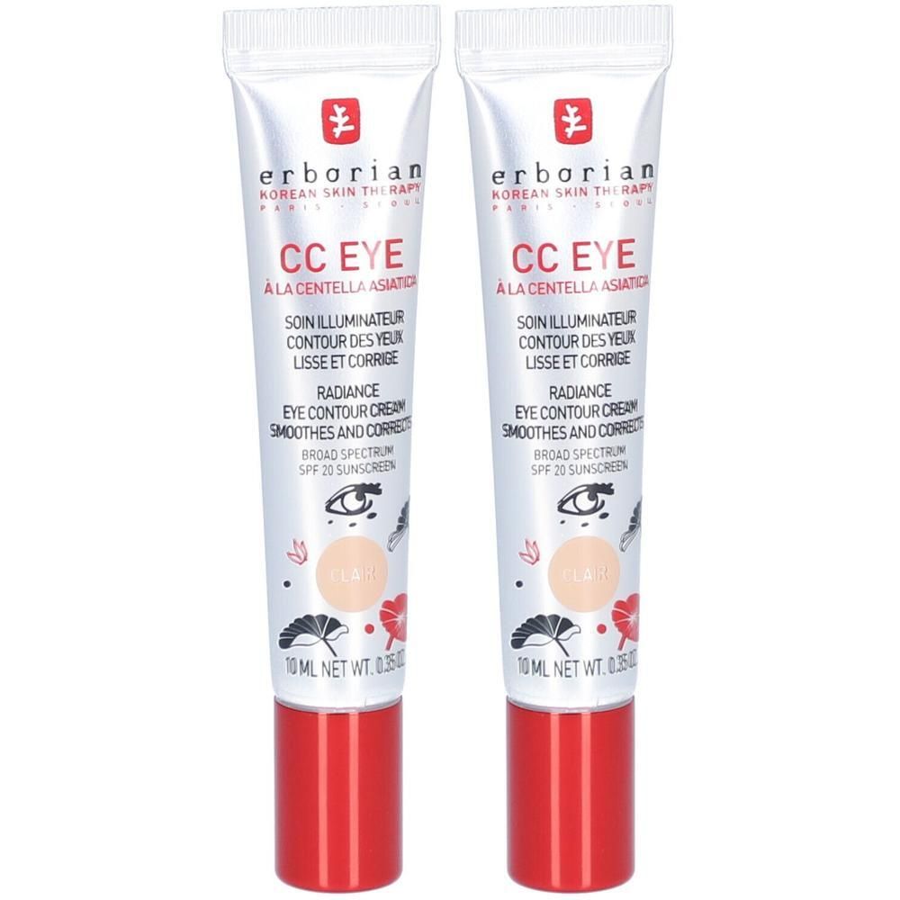Zwei Tuben Erborian CC Eye Clair. Weiße Tuben mit rotem Verschluss. Aufschrift: CC EYE, Radiance Eye Contour Cream, SPF 20.