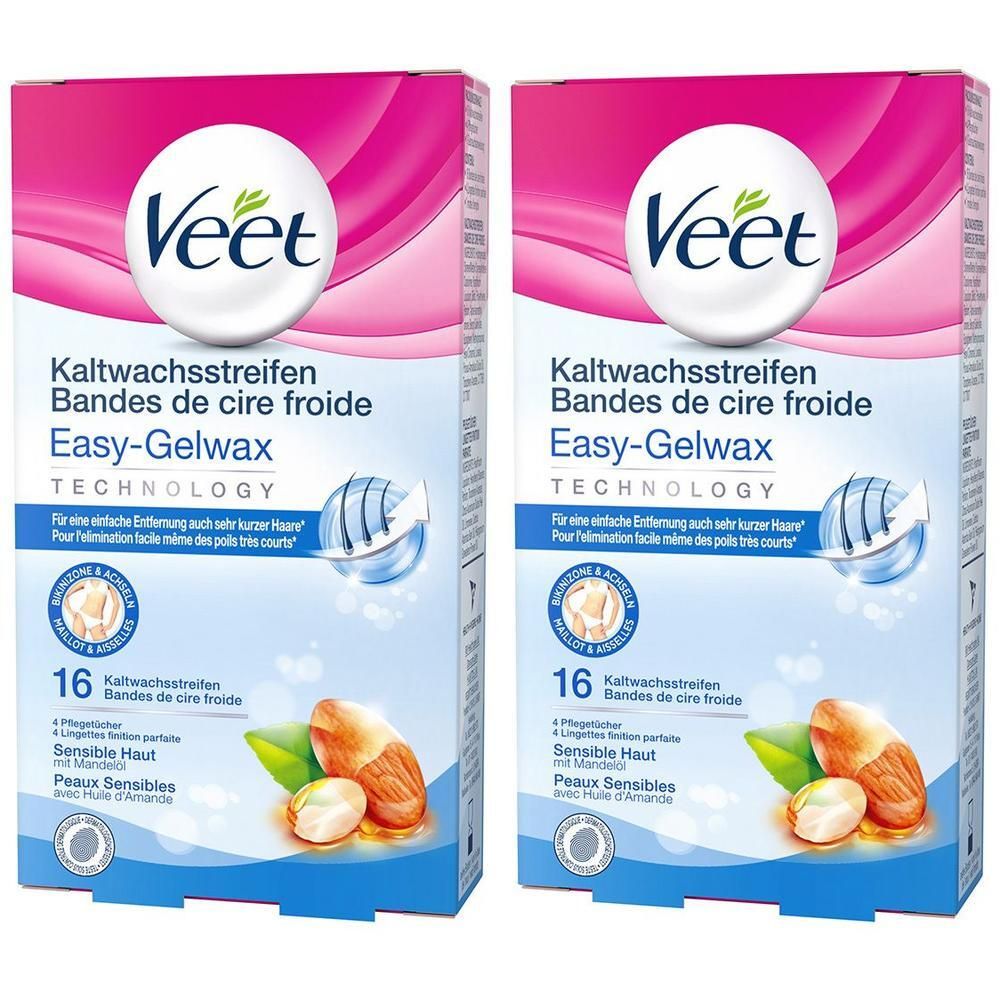 Zwei Packungen Veet Kaltwachsstreifen. Blaue und rosa Verpackung mit Produktnamen und Abbildung von Mandeln. 16 Streifen.