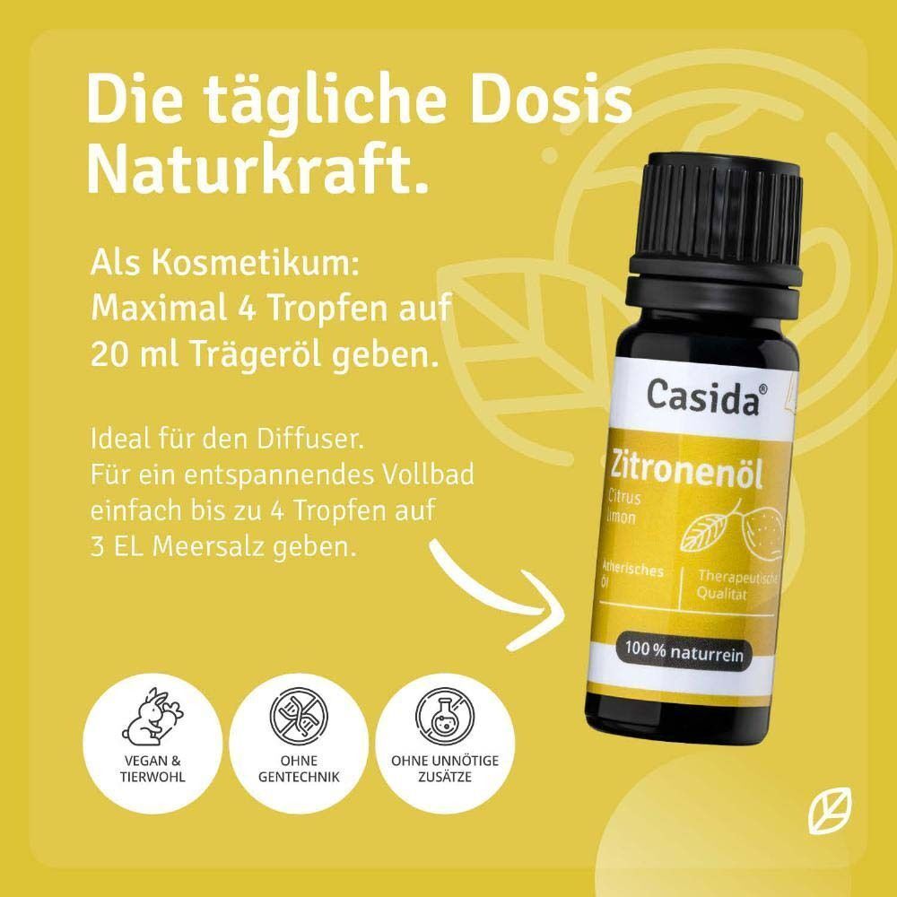 Casida Zitronenöl Flasche mit Text. Vegan & tierwohl, ohne Gentechnik, ohne unnötige Zusätze. Empfehlungen für Anwendung.