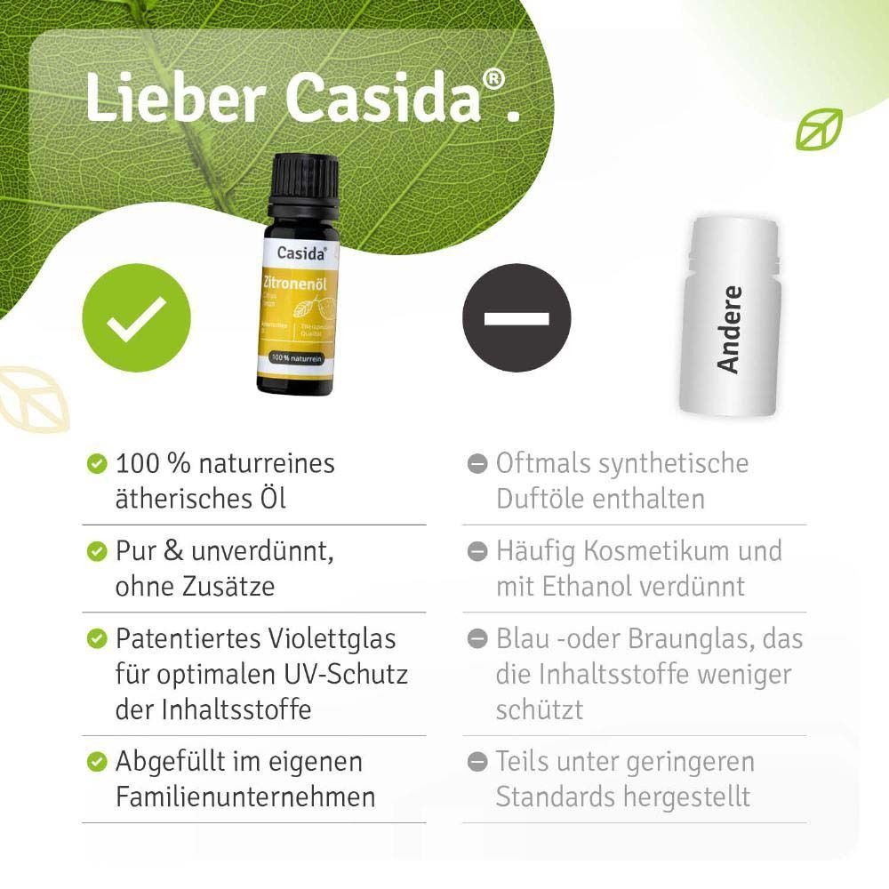 Casida Zitronenöl. Vorteile: 100% naturrein, pur & unverdünnt, patentiertes Violettglas. Gegenüber synthetischen Düften.