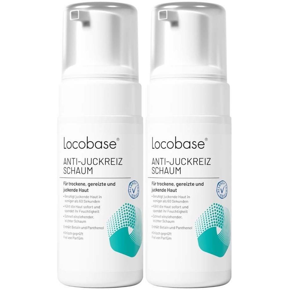 Zwei Flaschen LOCOBASE Anti-Juckreiz Schaum. Weiße Flaschen mit Pumpaufsatz und Produktbeschriftung. IV-Siegel.