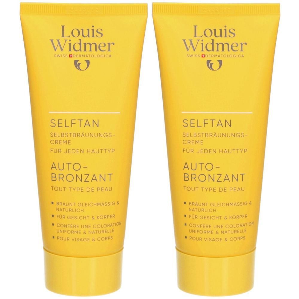 Zwei gelbe Tuben mit Aufschrift Louis Widmer Selftan. Text: Selbstbräunungs-Creme, für jeden Hauttyp, Auto-Bronzant. Logo.