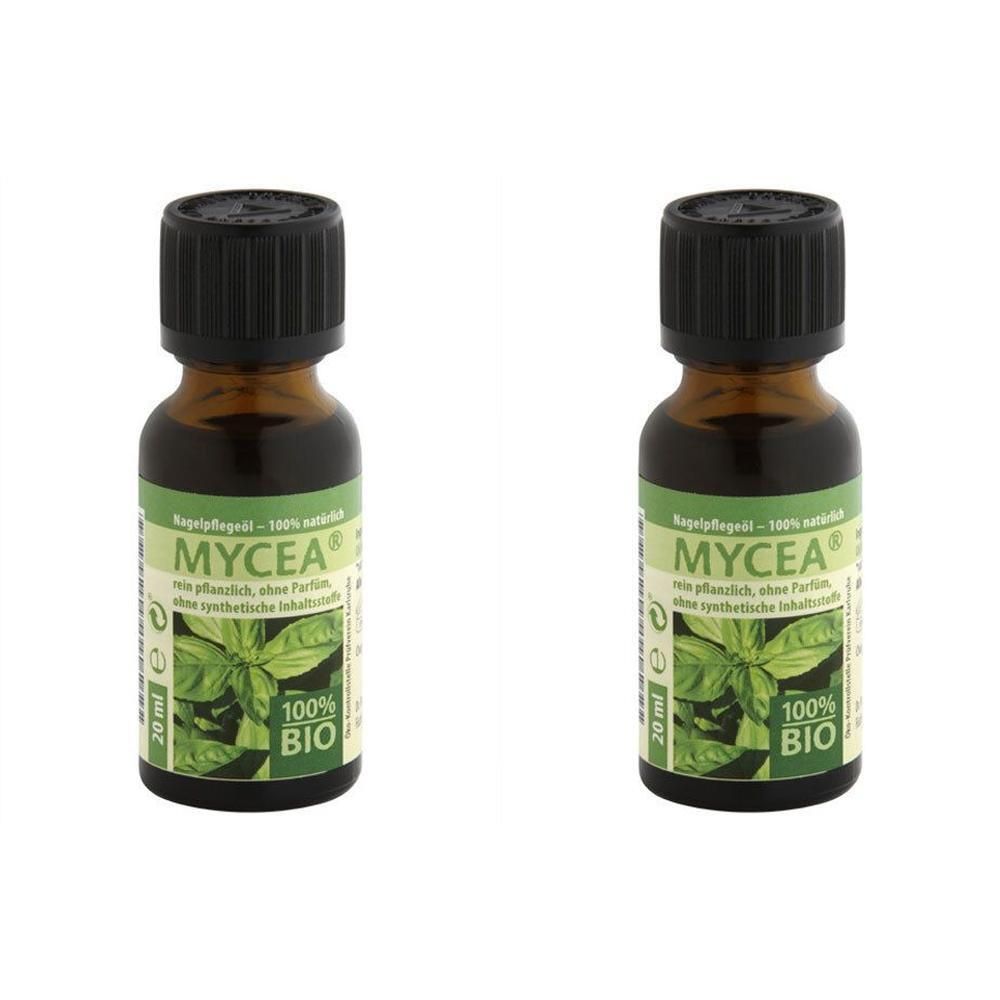 Zwei braune Glasflaschen mit schwarzem Deckel. Auf dem Etikett steht "MYCEA", "100% BIO" und ein grünes Blattmotiv. 20 ml.