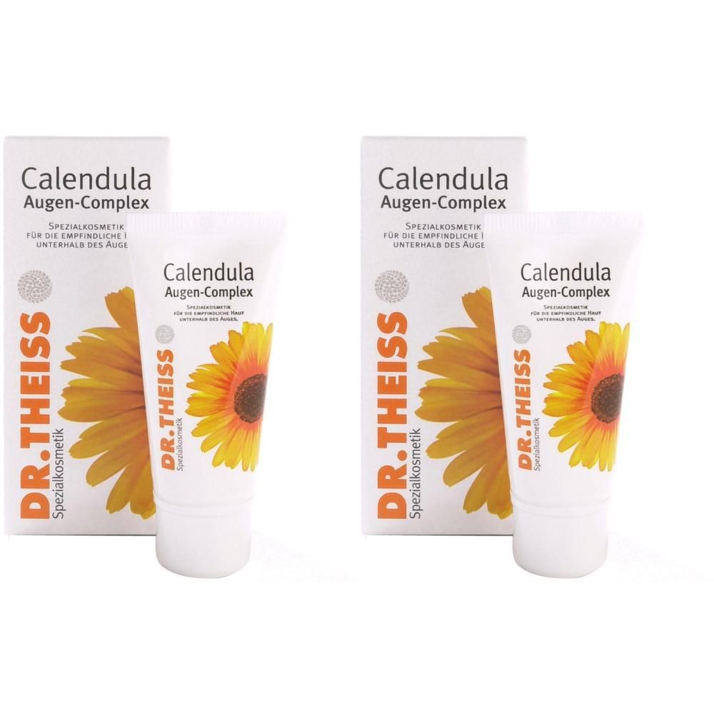 Zwei Tuben und Verpackungen. Aufschrift: Calendula Augen-Complex. Marke: DR. THEISS. Gelbe Sonnenblume auf der Verpackung.