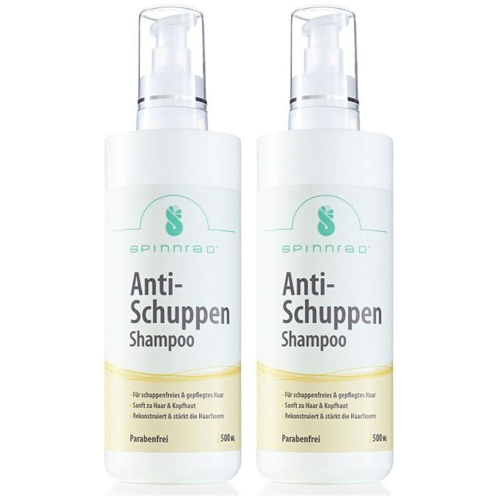 Zwei weiße Flaschen mit Spinnrad® Anti-Schuppen Shampoo. Jede Flasche hat einen Pumpkopf und Produktbeschriftung.