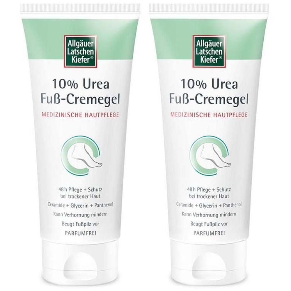 Zwei Tuben Fuß-Cremegel. Aufschrift: 10% Urea Fuß-Cremegel. Medizinische Hautpflege. Marke: Allgäuer Latschenkiefer.