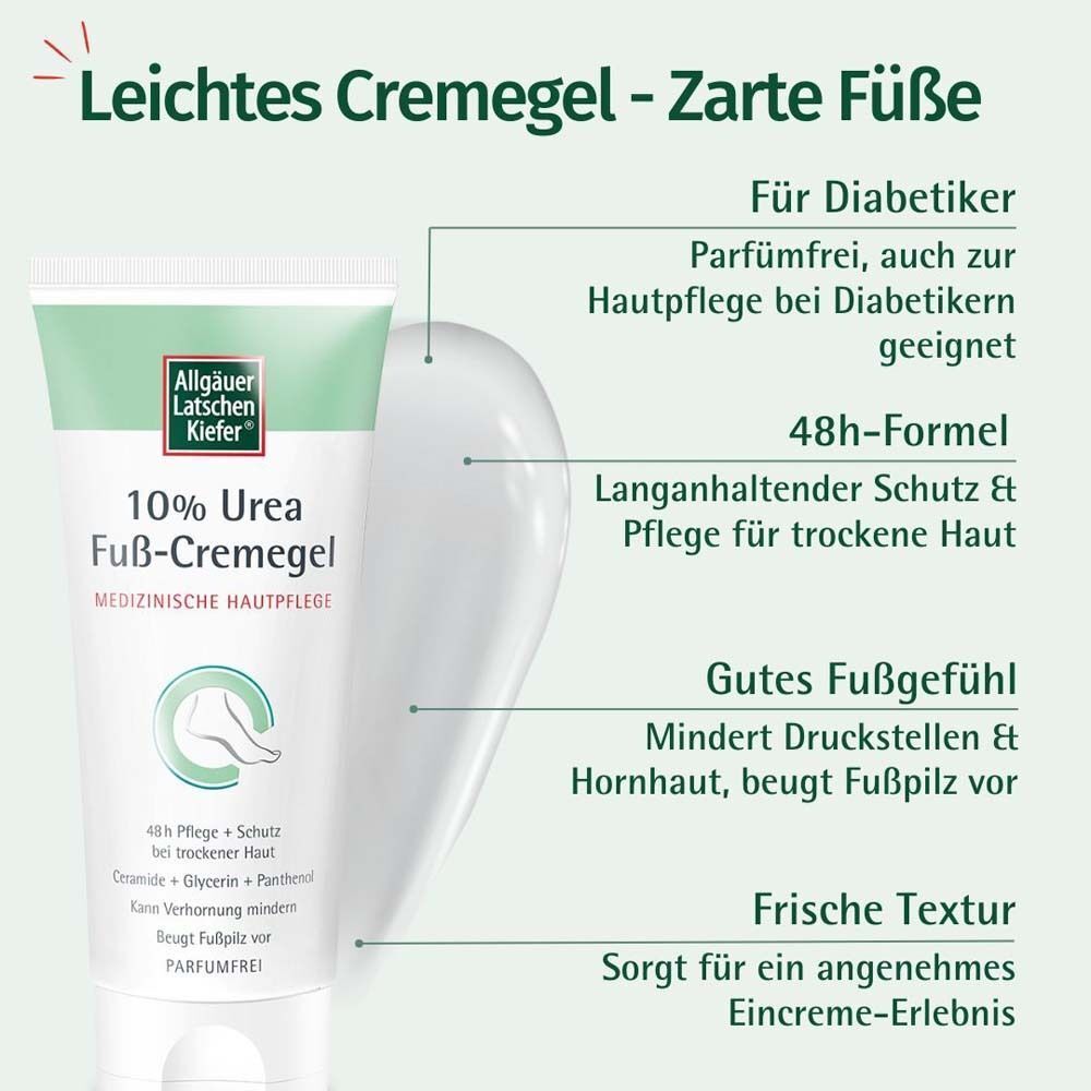 Fuß-Cremegel-Tube mit Text. Aufschrift: 10% Urea Fuß-Cremegel. Medizinische Hautpflege. Marke: Allgäuer Latschenkiefer. Text mit Vorteilen.