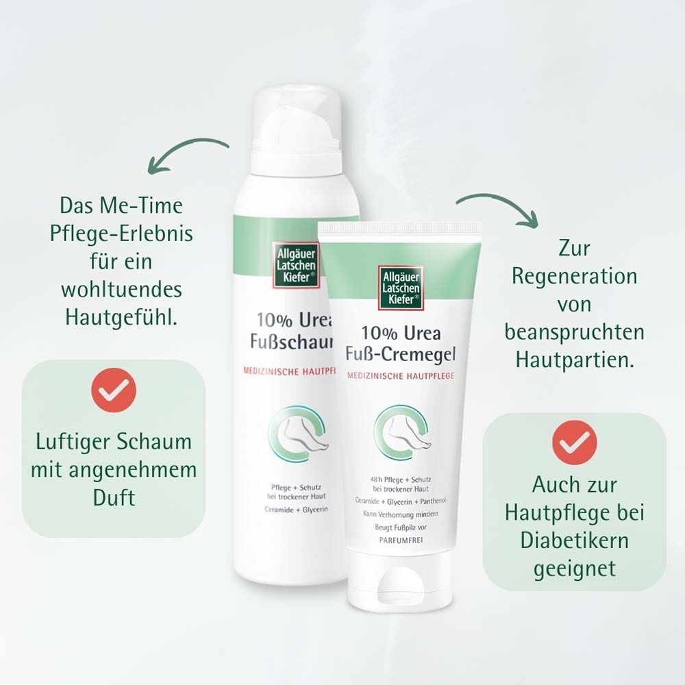Fußschaum und Fuß-Cremegel. Aufschrift: 10% Urea Fußschaum und 10% Urea Fuß-Cremegel. Marke: Allgäuer Latschenkiefer. Für Diabetiker geeignet.
