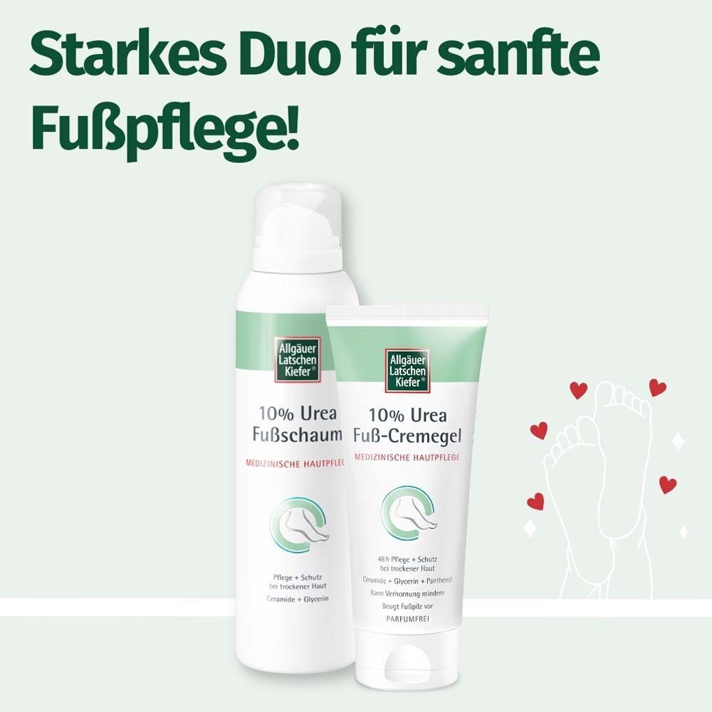Fußschaum und Fuß-Cremegel. Aufschrift: 10% Urea Fußschaum und 10% Urea Fuß-Cremegel. Marke: Allgäuer Latschenkiefer. Für sanfte Fußpflege.