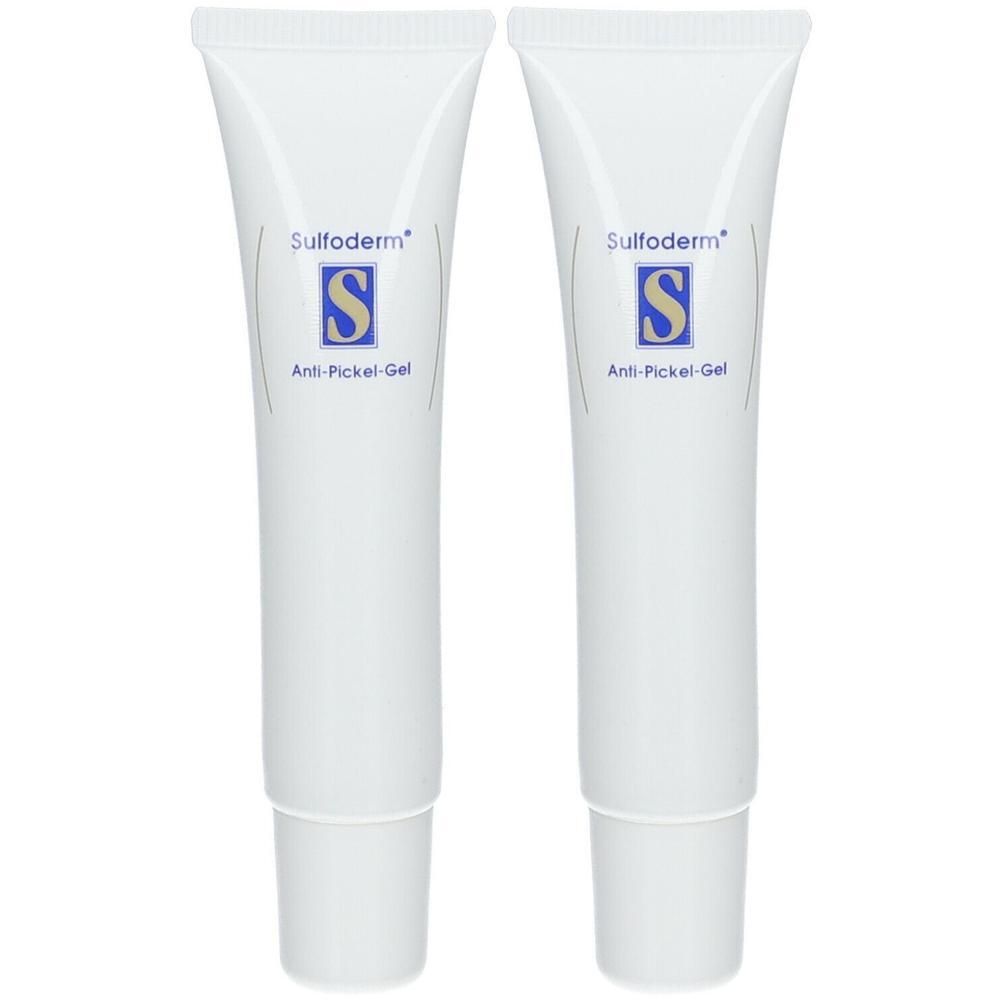 Zwei weiße Tuben. Aufschrift: Sulfoderm, Logo, Anti-Pickel-Gel. Blaue Schrift und Logo.