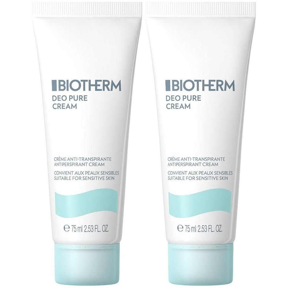 Zwei Tuben Creme. Weiß mit hellblauem Deckel. Aufschrift: BIOTHERM, DEO PURE CREAM. Text: Crème anti-transpirante, convient aux peaux sensibles.