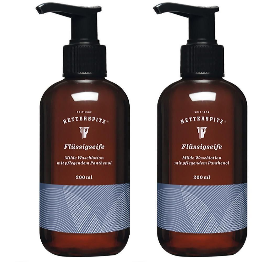 Zwei braune Flaschen mit schwarzem Pumpverschluss. Aufschrift: RETTERSPITZ Flüssigseife, milde Waschlotion mit pflegendem Panthenol, 200 ml.
