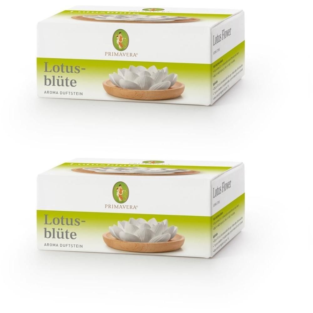 Zwei weiße Kartons mit Produktnamen und Logo. Auf jedem Karton ist ein Aroma-Duftstein in Lotusblütenform abgebildet.