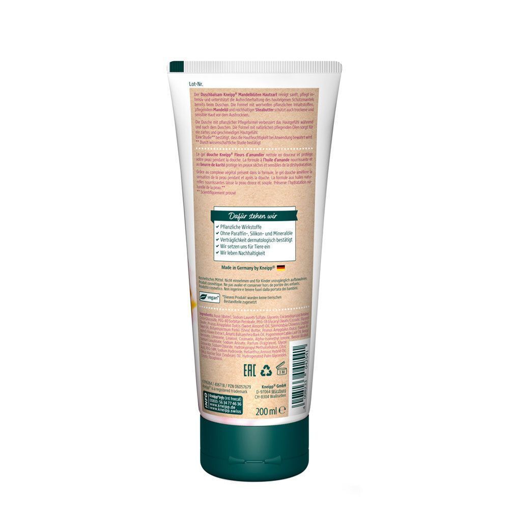 Rückseite einer Tube Duschbalsam. Weiß, mit braunen und grünen Akzenten. Textabschnitte und Logos. Inhalt: 200 ml.