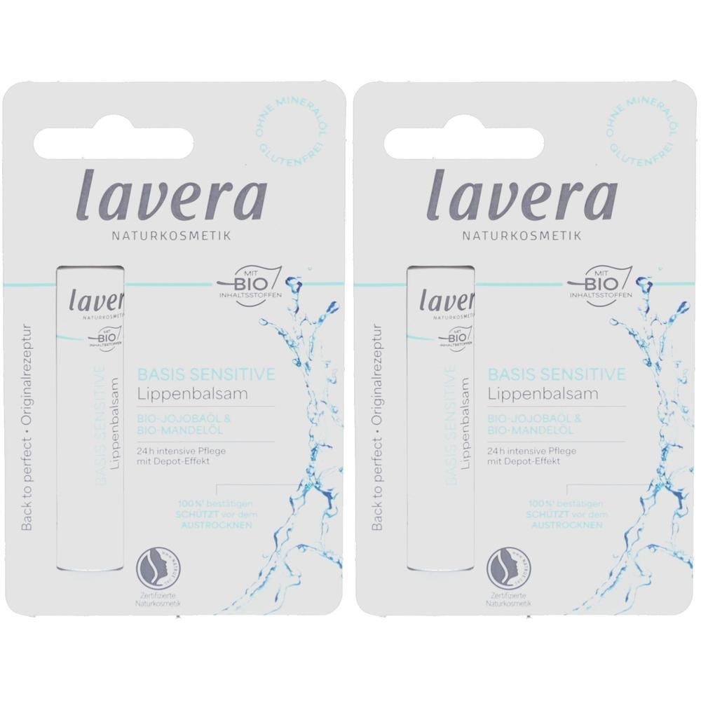 Zwei Lippenbalsam-Verpackungen. Aufschrift: lavera NATURKOSMETIK, BASIS SENSITIVE Lippenbalsam. Bio-Siegel.