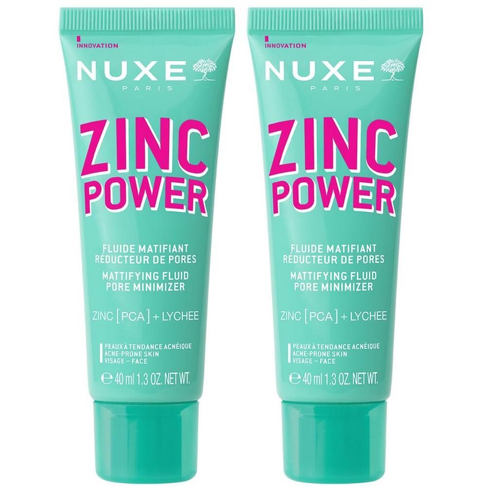 Zwei Tuben NUXE Zinc Power Fluid. Türkisgrüne Tuben mit pinkfarbener Schrift. Enthält Zink und Lychee. Flasche mit 40 ml.