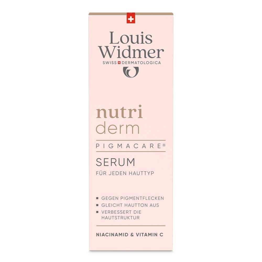 Rosa Verpackung mit rotem Kreuz. Aufschrift: Louis Widmer, nutriderm Pigmacare Serum. Text: Gegen Pigmentflecken, gleicht Hautton aus, verbessert Hautstruktur.