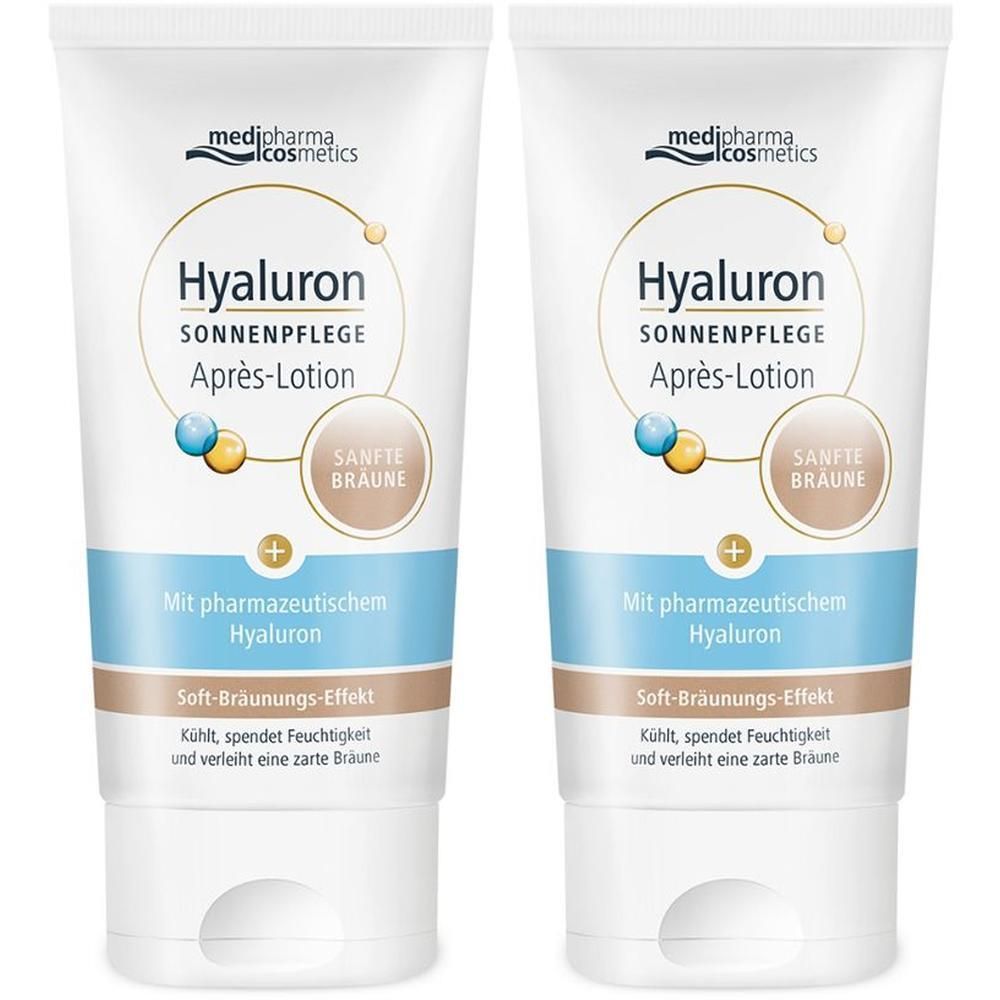 Zwei Tuben Après-Lotion. Weiße Tuben mit blauer und goldener Beschriftung. Produktname: Hyaluron Sonnenpflege Après-Lotion. Marke: medipharma cosmetics.