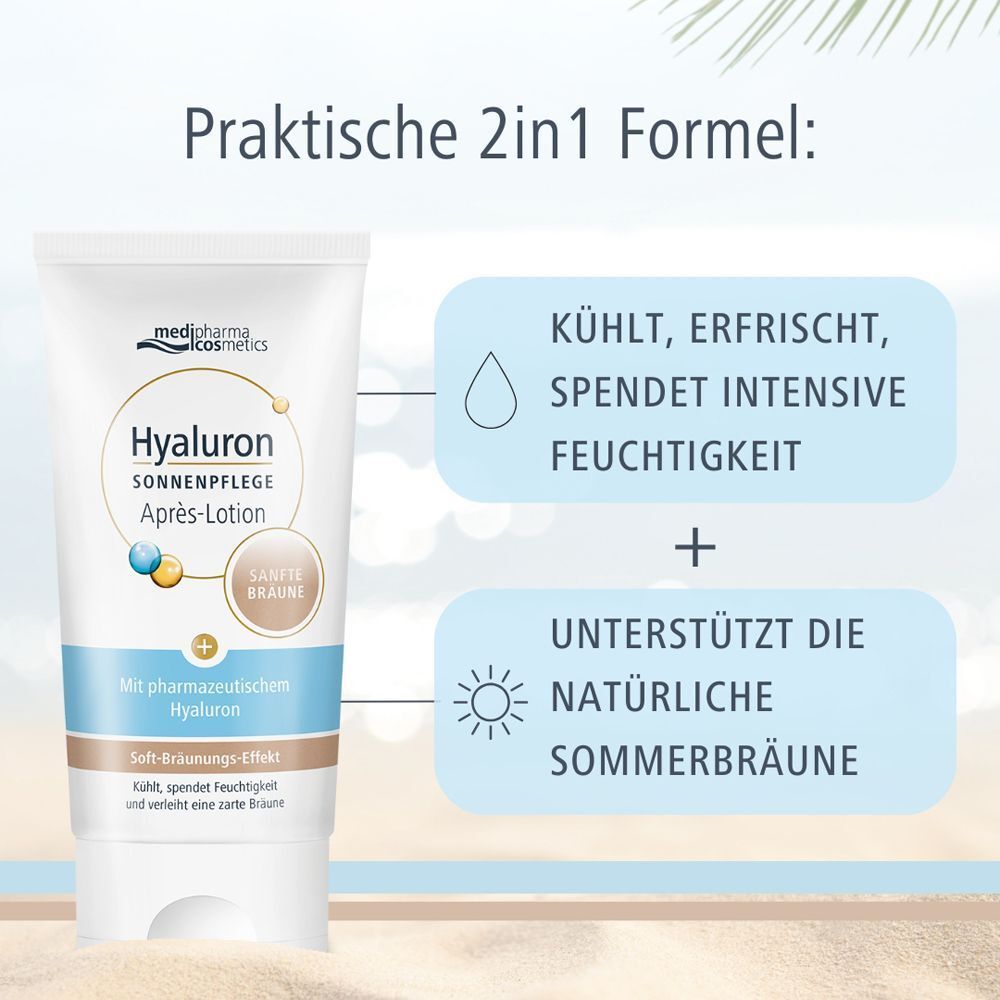 Tube Après-Lotion mit Text. Produktname: Hyaluron Sonnenpflege Après-Lotion. Marke: medipharma cosmetics. Text: Praktische 2in1 Formel: Kühlen, spendet Feuchtigkeit.