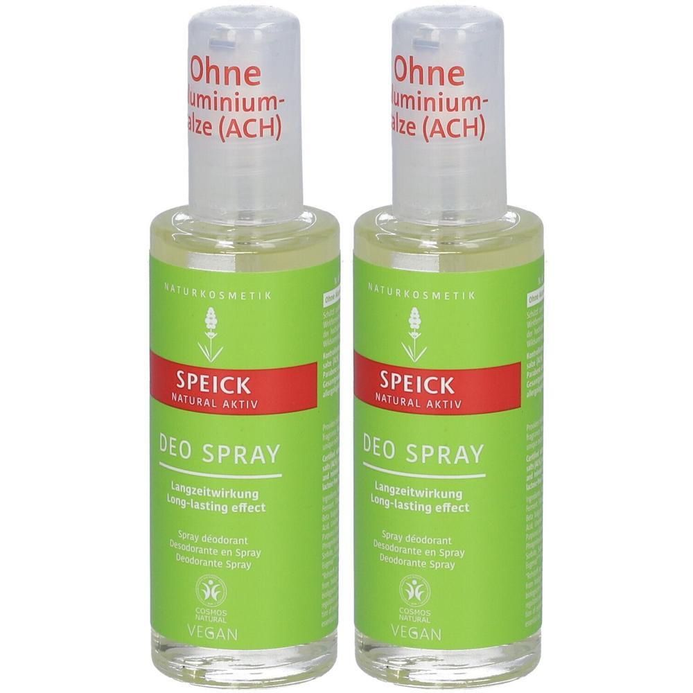 Zwei Deosprays mit grüner und roter Beschriftung. Aufschrift: SPEICK NATURAL AKTIV DEO SPRAY. Vegan-Siegel. Ohne Aluminiumsalze.