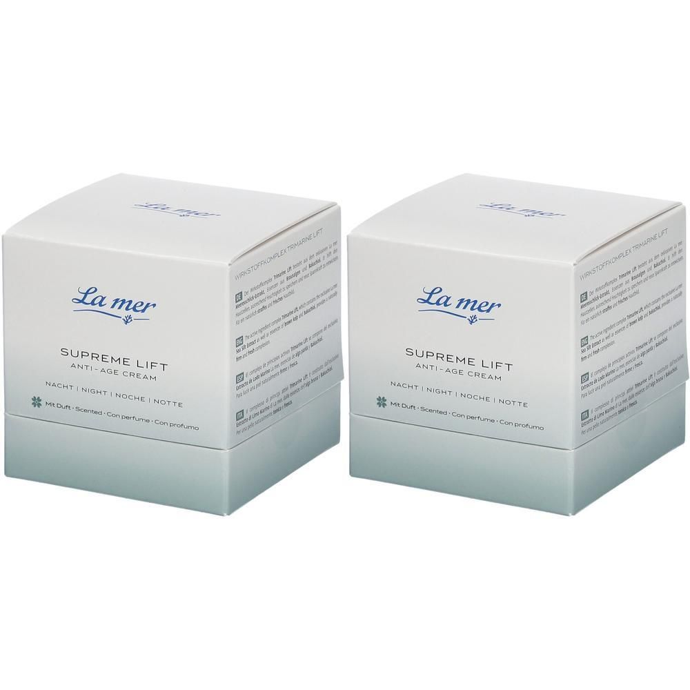 Zwei quadratische Kartons. Aufschrift: La Mer, Supreme Lift Anti-Age Cream Nacht. Hellblauer Farbverlauf am unteren Rand.