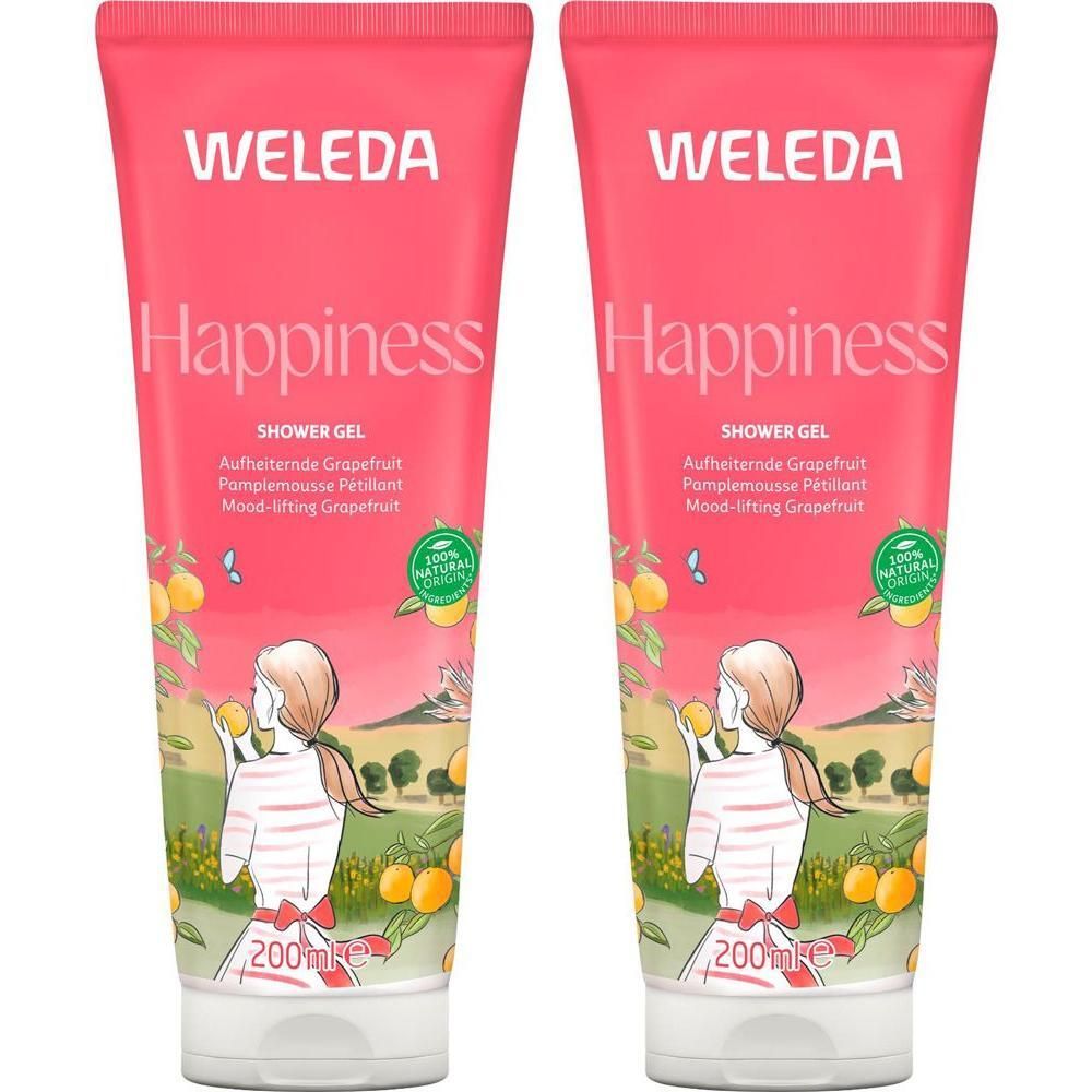 Zwei Tuben Duschgel. Rosa Tuben mit weißer Schrift. Aufschrift: WELEDA, Happiness, Shower Gel. Illustration einer Frau mit Grapefruit.