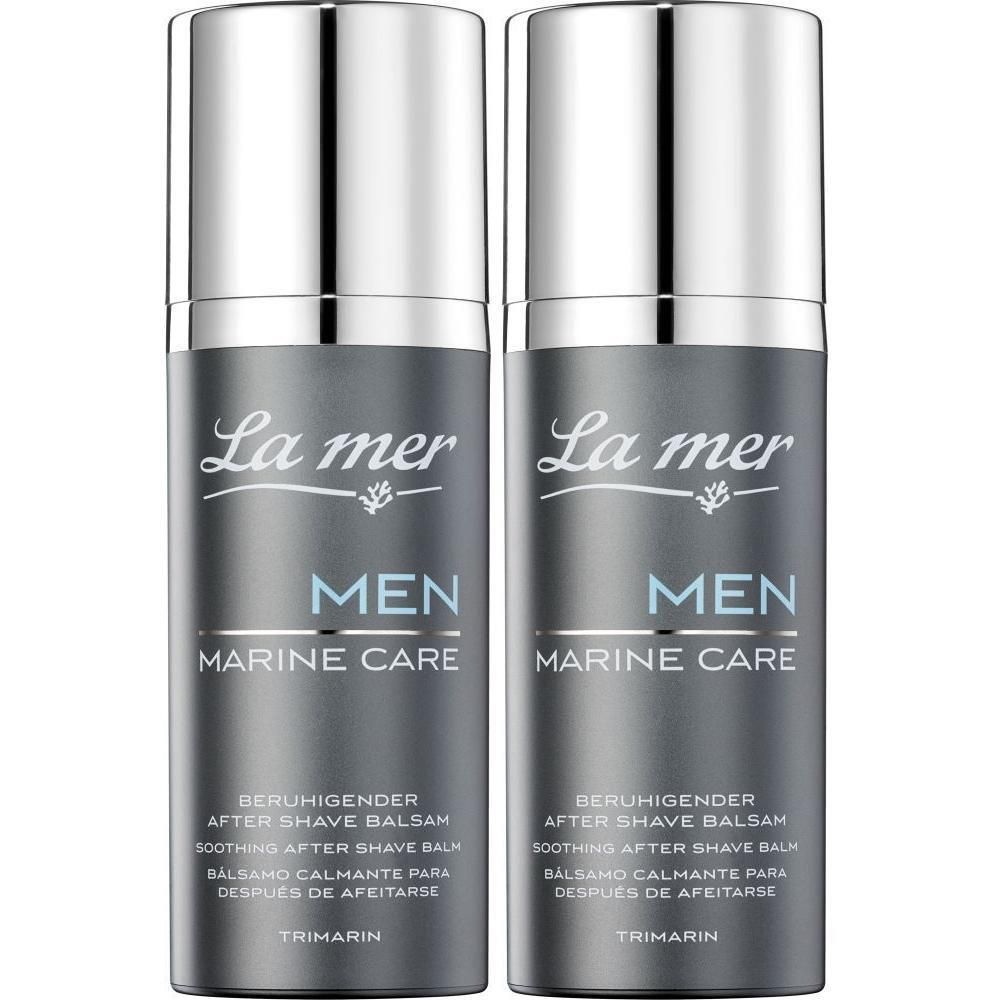 Zwei Flaschen After Shave Balsam. Silberne Deckel, graue Flaschen mit Text: La mer, MEN MARINE CARE, beruhigend, Balsam.