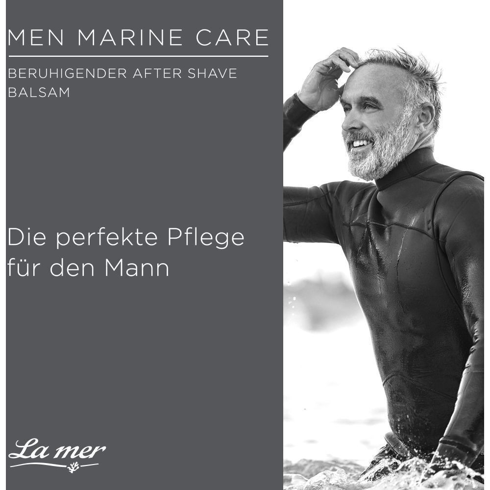 Werbung mit Mann im Meer. Text: MEN MARINE CARE, beruhigender After Shave Balsam. La mer Logo.
