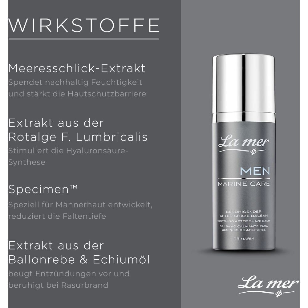 Produkt mit Text: La mer, MEN MARINE CARE, beruhigender After Shave Balsam. Inhaltsstoffe-Text.