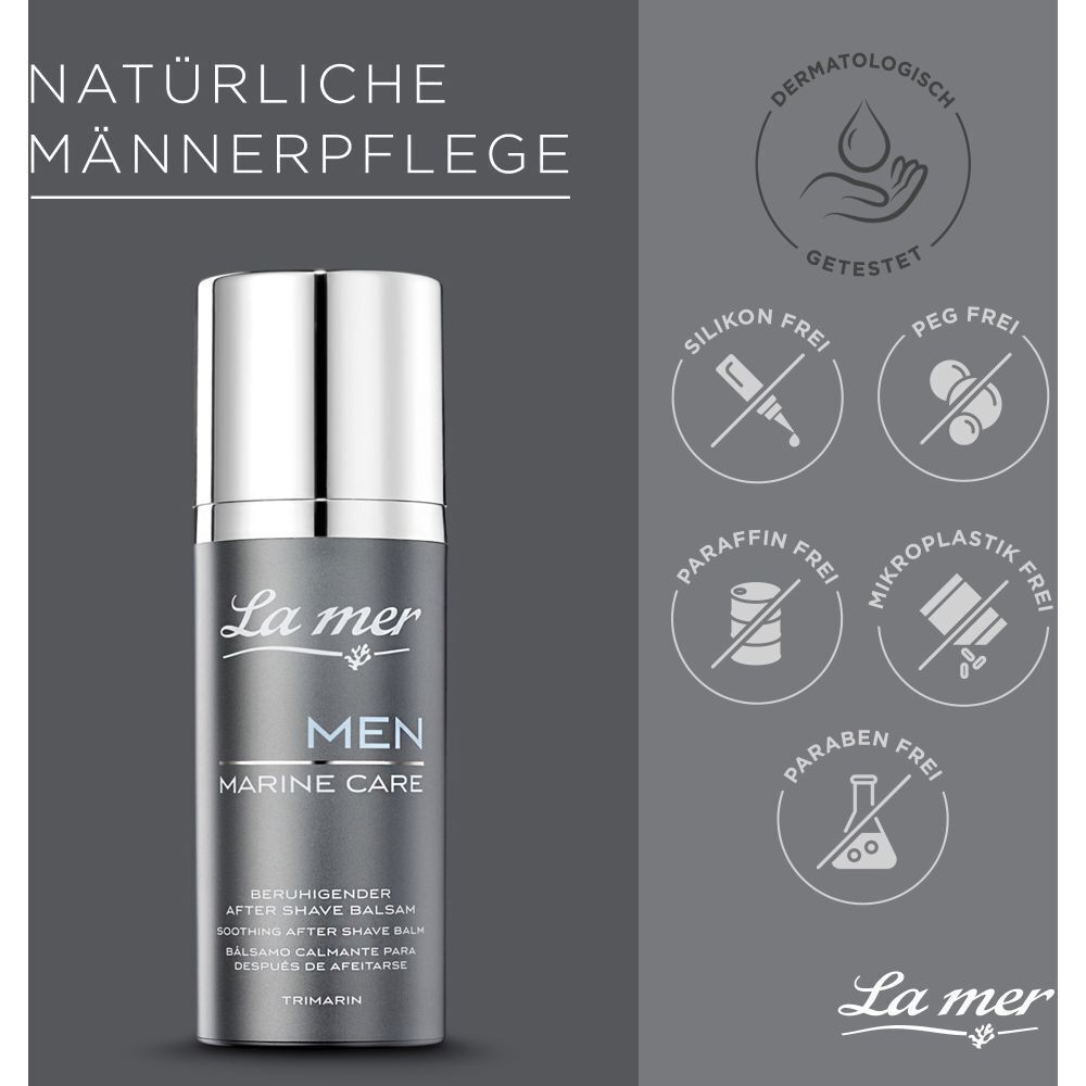 Produkt mit Text: La mer, MEN MARINE CARE, beruhigender After Shave Balsam. Logos: dermatologisch getestet, frei von...