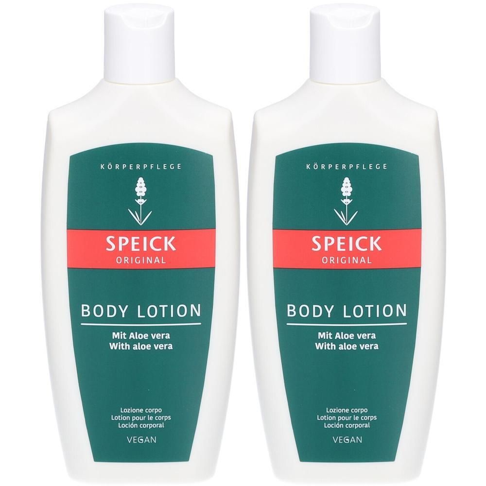 Zwei weiße Körperlotion-Flaschen mit grünen Etiketten. Aufschrift: SPEICK ORIGINAL, BODY LOTION, Mit Aloe vera. Vegan.