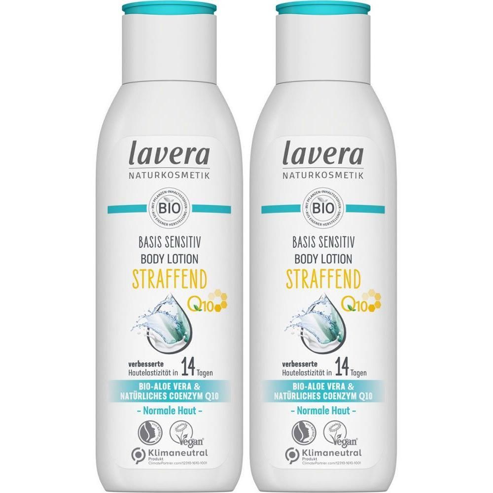 Zwei Flaschen lavera Basis Sensitiv Bodylotion. Weiße Flaschen mit türkisfarbenem Deckel. Aufschrift: Basis Sensitiv, Straffend, Q10.
