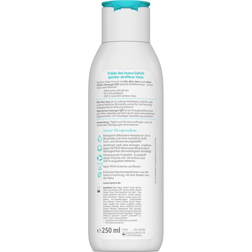 Rückseite einer lavera Basis Sensitiv Bodylotion-Flasche. Weiße Flasche mit türkisfarbenem Deckel. Text in deutscher Sprache.
