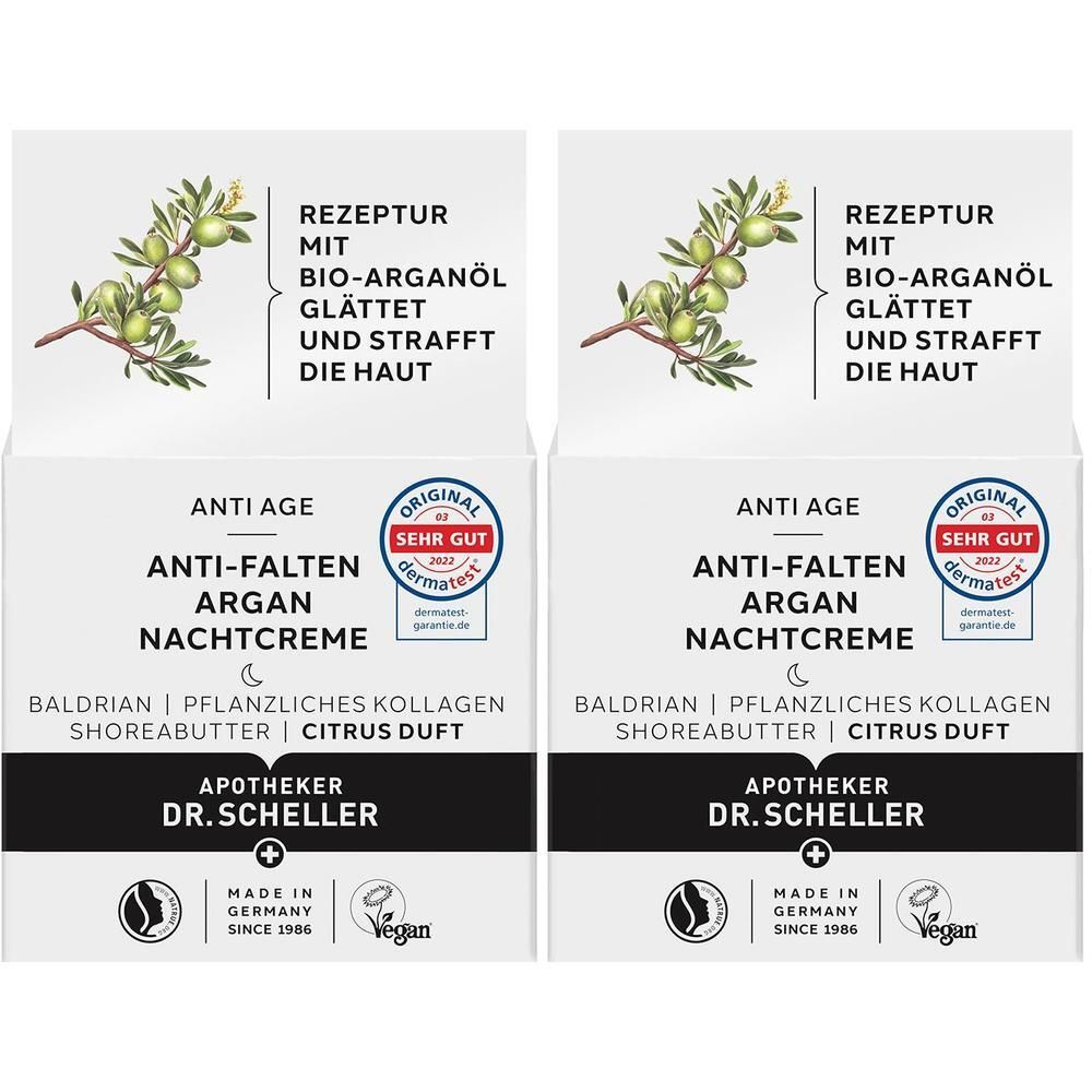 Zwei Faltencreme-Verpackungen. Aufschrift: Anti-Falten Argan Nachtcreme. Siegel: Original sehr gut. Vegan-Logo. Made in Germany.