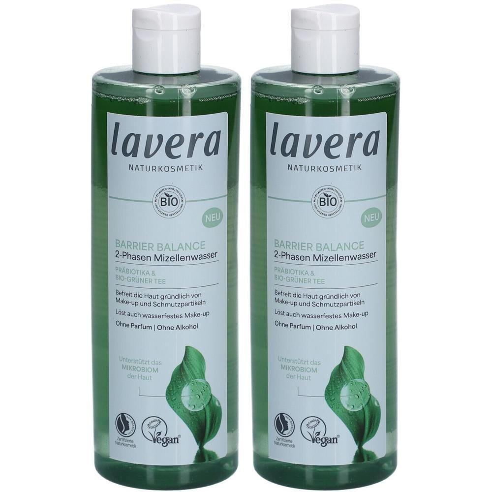 Zwei Flaschen mit grünlicher Flüssigkeit. Aufschrift: lavera, Barrier Balance 2-Phasen Mizellenwasser. Bio-Siegel und Vegan-Logo.