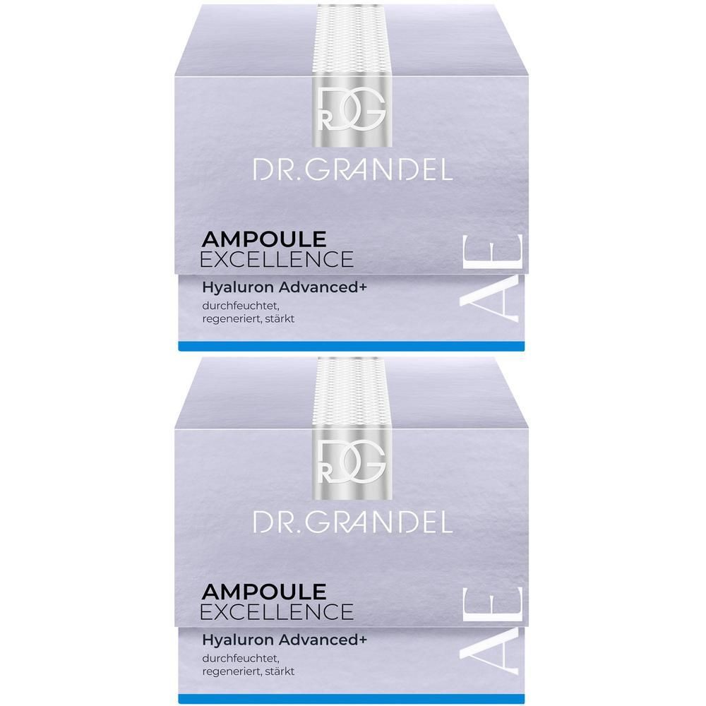 Zwei Schachteln mit Produktaufdrucken. Schriftzug: DR. GRANDEL, AMPULLE EXCELLENCE, Hyaluron Advanced+. AE-Logo.