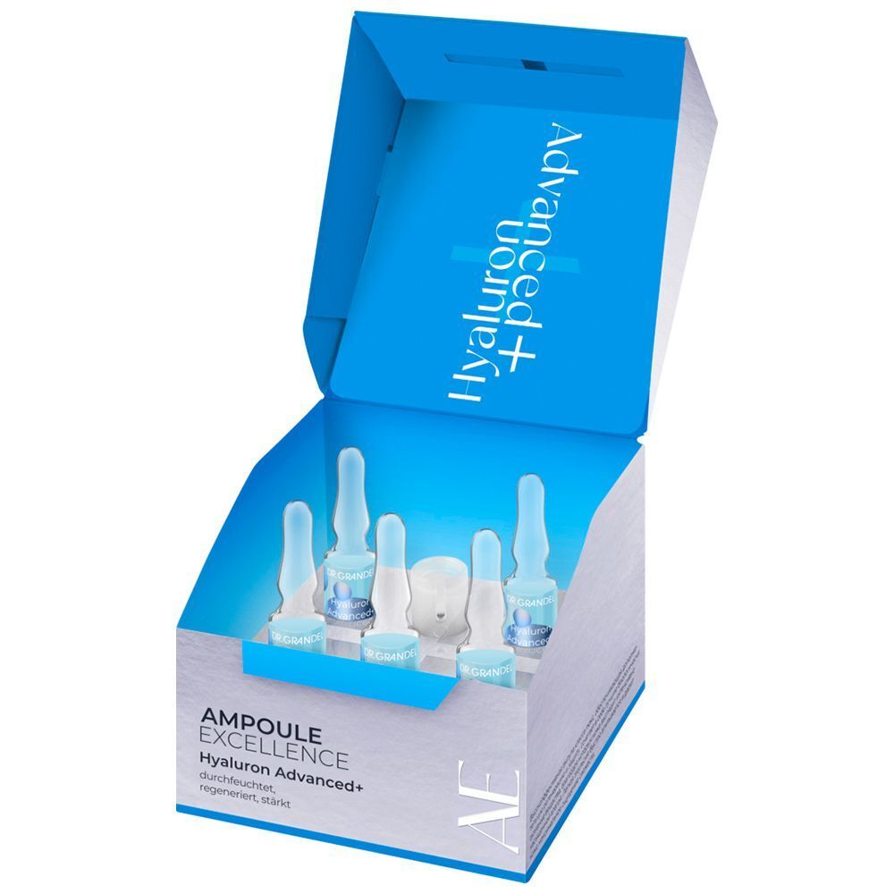 Geöffnete Schachtel mit Ampullen. Innen blau. Schriftzug: AMPULLE EXCELLENCE, Hyaluron Advanced+. AE-Logo.