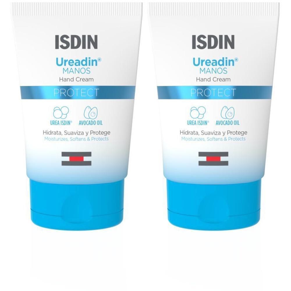 Zwei Tuben Handcreme. Weiß, mit blauem Deckel und Schriftzug. Enthält Urea ISDIN und Avocadoöl. Marke ISDIN.