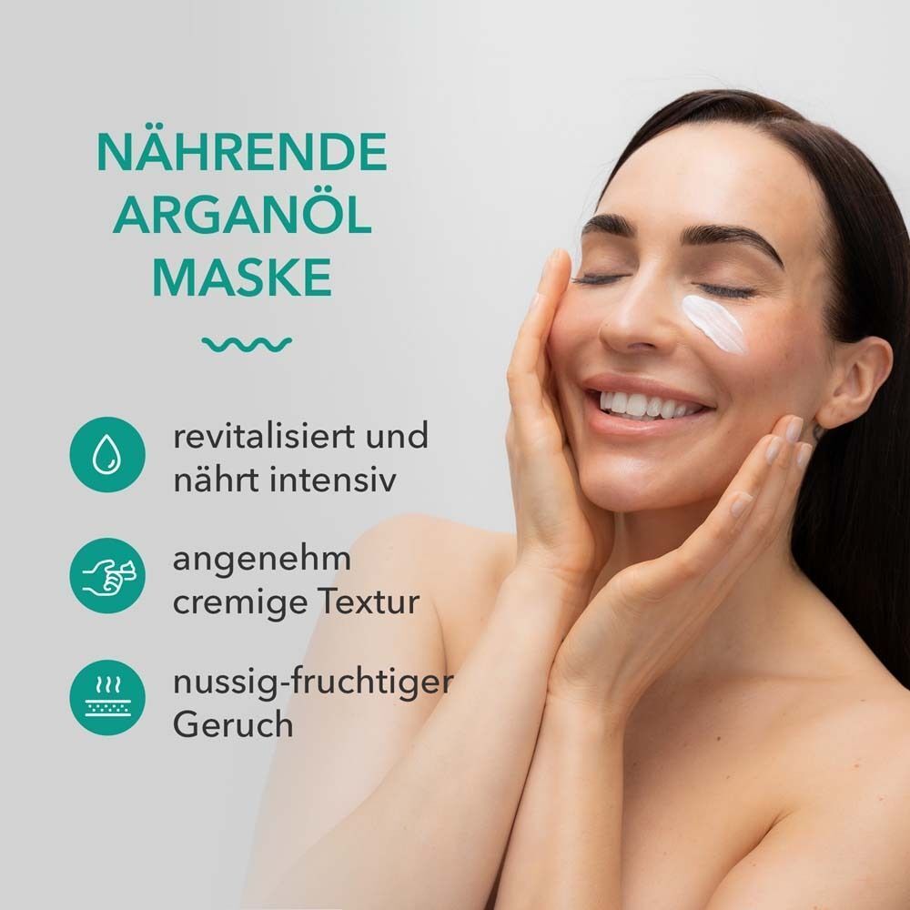 Frau mit geschlossenen Augen, Maske aufgetragen. Text: Nährende Arganöl Maske, revitalisiert, cremige Textur, nussig-fruchtiger Geruch.