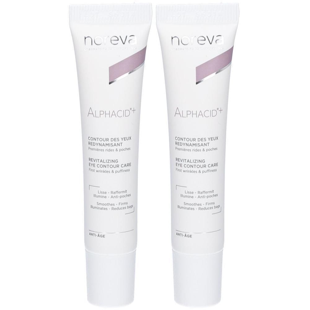 Zwei weiße Tuben mit rosa Akzenten. Aufschrift: Alphacid+, Contour des yeux redynamisant, Revitalizing Eye Contour Care.