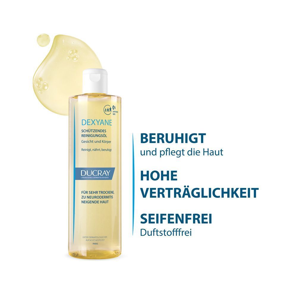 DUCRAY DEXYANE Reinigungsöl mit Tropfen. Text: Beruhigt und pflegt die Haut, hohe Verträglichkeit, seifenfrei, duftstofffrei.