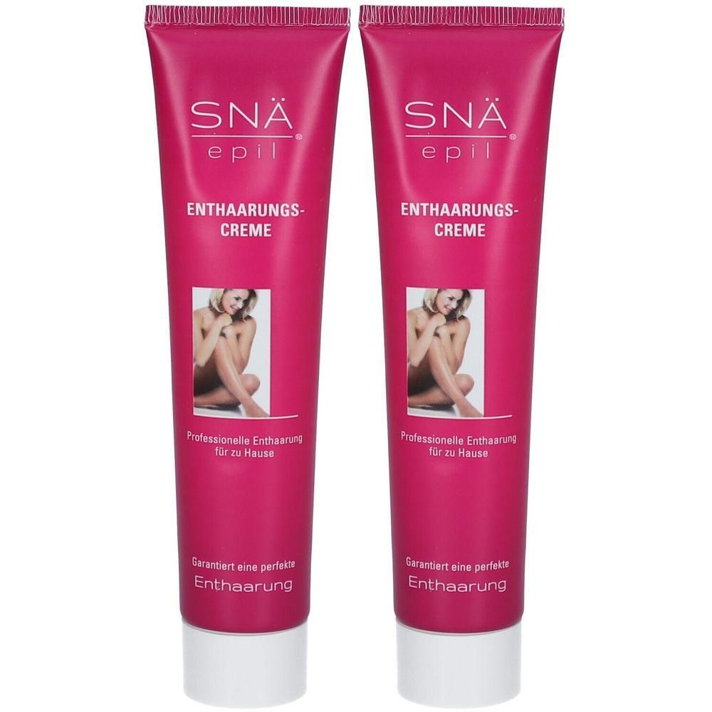 Zwei Tuben Enthaarungscreme. Rosa Tuben mit weißer Schrift. Aufschrift: SNÄ epil, ENTHAARUNGS-CREME. Bild einer Frau. Text: Professionelle Enthaarung für zu Hause.